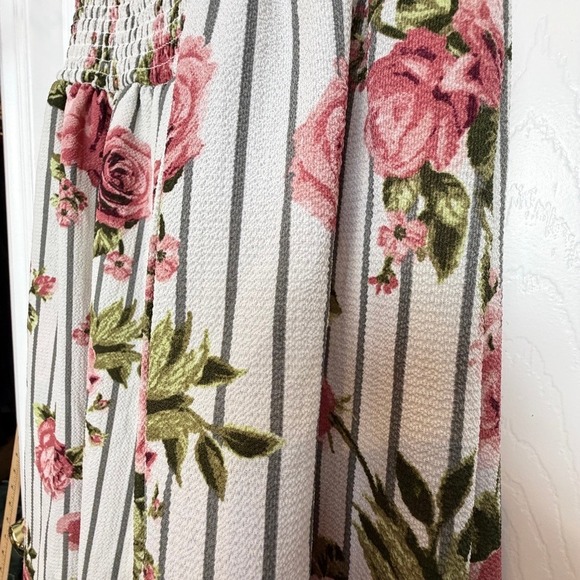 For Justice Romper Maxi Dress White Black Stripe Floral Smocked Off Shoulder L - Picture 12 of 12